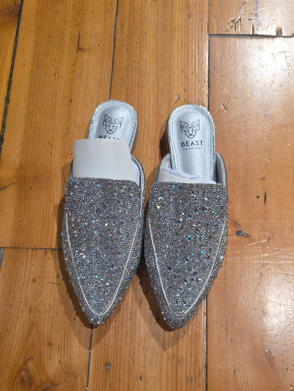 BEAST FASHION Silver Crystal Pointed Slip-On Mules